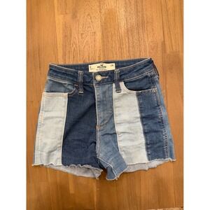 Hollister Curvy High Rise Patchwork Denim Shorts Womens Size 0 W24 Frayed Hem